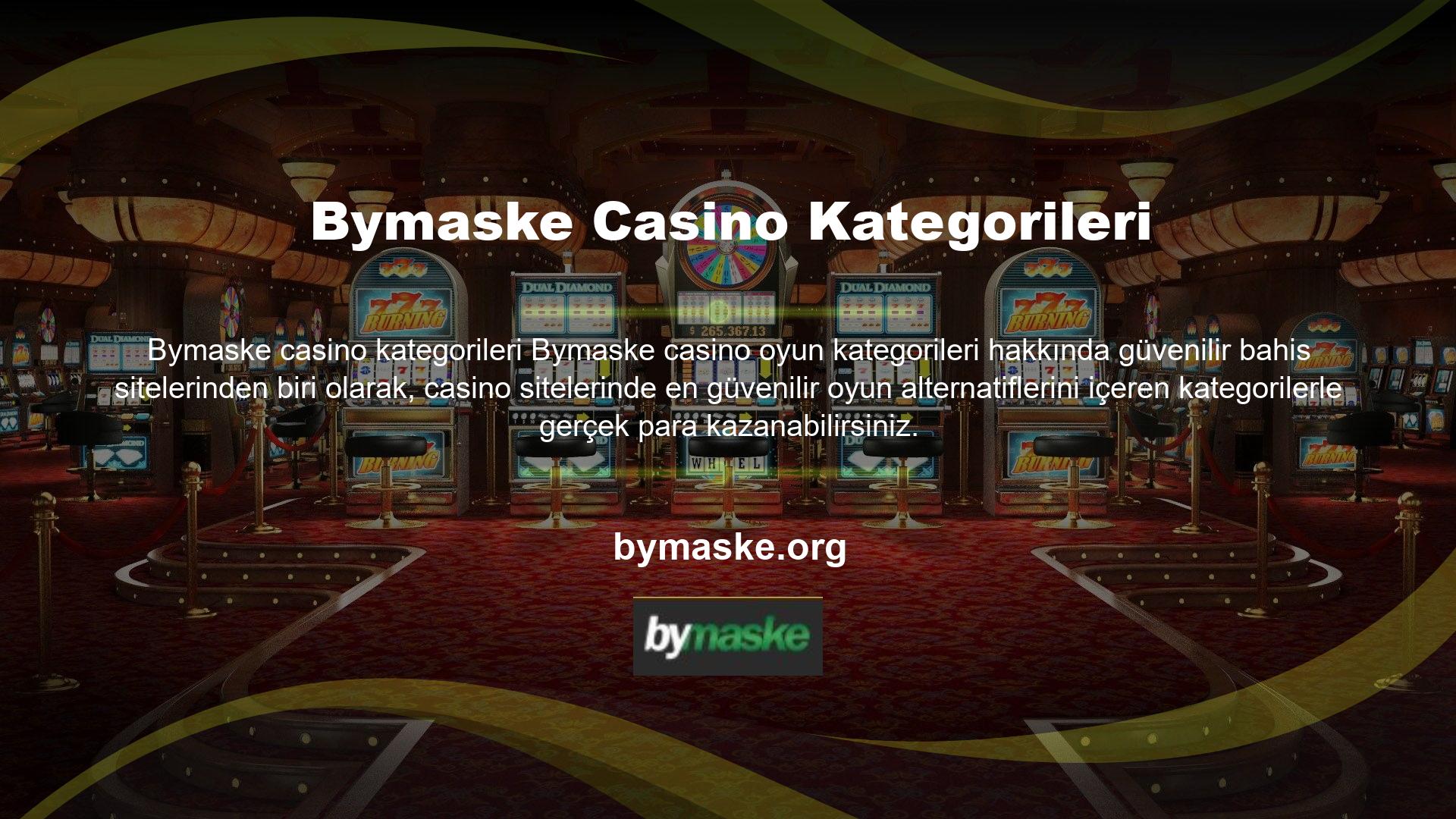 Bymaske kategorisindeki canlı casino oyunu alternatifleri arasında rulet, blackjack, bakara, casino hold'em, antar bahar ve evrim lobisi gibi oyunlar yer alıyor
